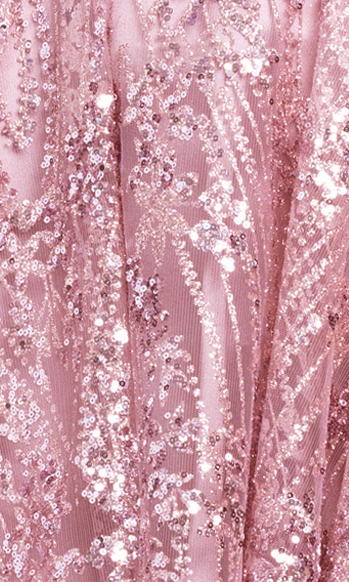 Close-up of the Shimmer Mini Rose Hoco Dress: Blondie Nites 6308BN fabric in rose pink, featuring an embroidered pattern densely adorned with sparkling sequins and beads, creating a textured, shimmering surface—perfect details for a standout short hoco dress.